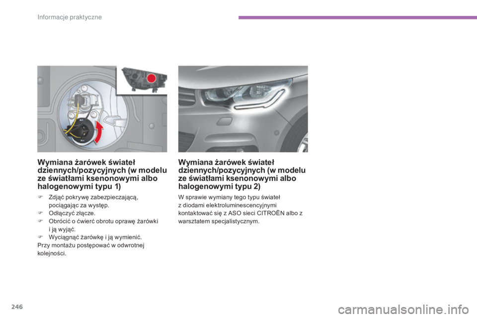 CITROEN C4 2015  Instrukcja obsługi (in Polish) 246
c4-2_pl_chap11_info-pratique_ed01-2015
c4-2_pl_chap11_info-pratique_ed01-2015
Wymiana żarówek świateł 
dziennych/pozycyjnych (w modelu 
ze światłami ksenonowymi albo 
halogenowymi typu 1)
F 