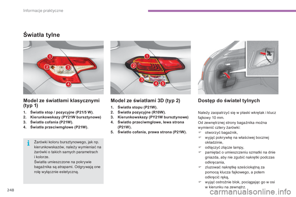 CITROEN C4 2015  Instrukcja obsługi (in Polish) 248
c4-2_pl_chap11_info-pratique_ed01-2015
c4-2_pl_chap11_info-pratique_ed01-2015
Model ze światłami 3D (typ 2)
1. Światła stopu (P21W).
2. Światła pozycyjne (R10W).
3.
 K

ierunkowskazy (PY21W 