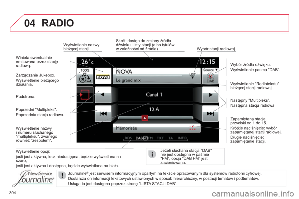 CITROEN C4 2015 Instrukcja obsługi (in Polish) 04
304
c4-2_pl_chap13b_sMEgplus_ed01-2015
c4-2_pl_chap13b_sMEgplus_ed01-2015
RADIO
Wyświetlenie opcji:
jeśli jest aktywna, lecz niedostępna, będzie wyświetlana na
szaro,
jeśli jest aktywna i do CITROEN C4 2015 Instrukcja obsługi (in Polish) 04
304
c4-2_pl_chap13b_sMEgplus_ed01-2015
c4-2_pl_chap13b_sMEgplus_ed01-2015
RADIO
Wyświetlenie opcji:
jeśli jest aktywna, lecz niedostępna, będzie wyświetlana na
szaro,
jeśli jest aktywna i do