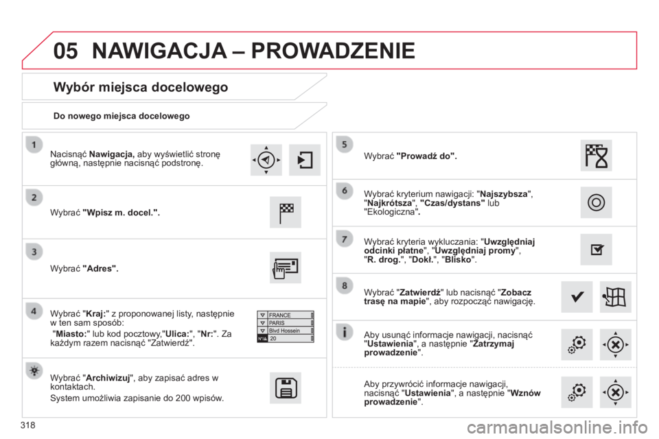 CITROEN C4 2015 Instrukcja obsługi (in Polish) 05
318
c4-2_pl_chap13b_sMEgplus_ed01-2015
c4-2_pl_chap13b_sMEgplus_ed01-2015
Do nowego miejsca docelowego
Wybór miejsca docelowego
Wybrać "Wpisz m. docel.".
Wybrać "Archiwizuj", aby CITROEN C4 2015 Instrukcja obsługi (in Polish) 05
318
c4-2_pl_chap13b_sMEgplus_ed01-2015
c4-2_pl_chap13b_sMEgplus_ed01-2015
Do nowego miejsca docelowego
Wybór miejsca docelowego
Wybrać "Wpisz m. docel.".
Wybrać "Archiwizuj", aby