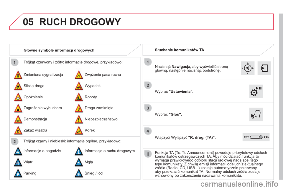 CITROEN C4 2015 Instrukcja obsługi (in Polish) 05
327
c4-2_pl_chap13b_sMEgplus_ed01-2015
c4-2_pl_chap13b_sMEgplus_ed01-2015
trójkąt czerwony i żółty: informacje drogowe, przykładowo:
Zmieniona sygnalizacja
Zagrożenie wybuchem Zwężenie pas CITROEN C4 2015 Instrukcja obsługi (in Polish) 05
327
c4-2_pl_chap13b_sMEgplus_ed01-2015
c4-2_pl_chap13b_sMEgplus_ed01-2015
trójkąt czerwony i żółty: informacje drogowe, przykładowo:
Zmieniona sygnalizacja
Zagrożenie wybuchem Zwężenie pas