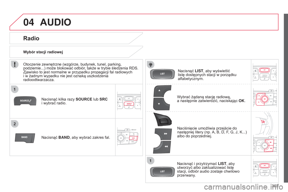 CITROEN C4 2015  Instrukcja obsługi (in Polish) 04
363
c4-2_pl_chap13c_rD5_ed01-2015
c4-2_pl_chap13c_rD5_ed01-2015
AUDIO
nacisnąć kilka razy SOURCE  lub SRC  
i wybrać radio.
n

acisnąć  BAND, aby wybrać zakres fal.
n
 acisnąć 
LIST, aby wy