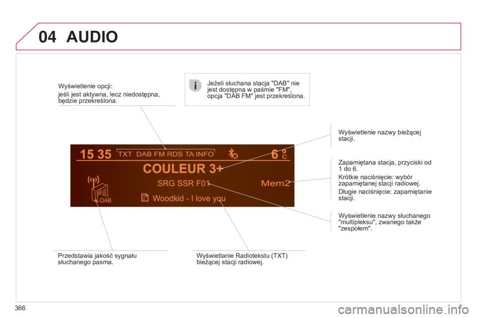 CITROEN C4 2015  Instrukcja obsługi (in Polish) 04
c4-2_pl_chap13c_rD5_ed01-2015
c4-2_pl_chap13c_rD5_ed01-2015
AUDIO
366Wyświetlenie opcji:
jeśli jest aktywna, lecz niedostępna, 
będzie przekreślona.
Zapamiętana stacja, przyciski od 
1   do 6