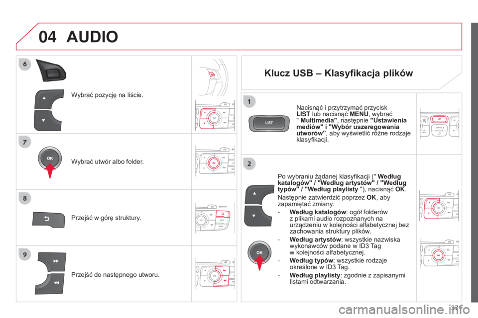 CITROEN C4 2015  Instrukcja obsługi (in Polish) 04
371
c4-2_pl_chap13c_rD5_ed01-2015
c4-2_pl_chap13c_rD5_ed01-2015
Wybrać pozycję na liście.
Wybrać utwór albo folder.
Przejść do następnego utworu. Przejść w górę struktury.
AUDIO
Klucz U