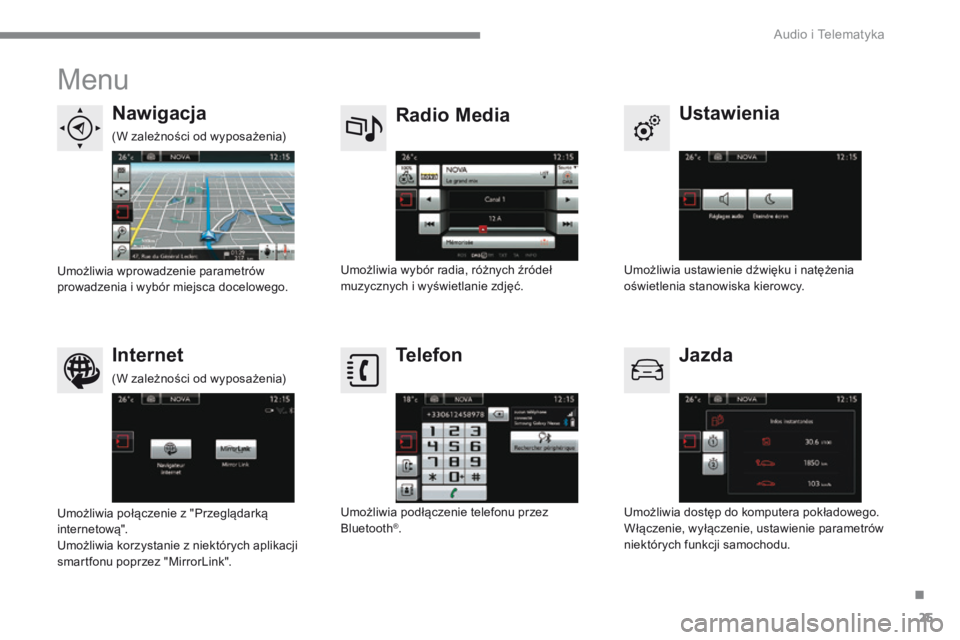 CITROEN C4 2015  Instrukcja obsługi (in Polish) .
 Audio i Telematyka 25
C4-2-add_pl_Chap13b_SMEGplus_ed01-2015
 Menu 
        U s t a w i e n i a    Radio Media         N a w i g a c j a  
  Jazda   I n t e r n e t    Telefon 
  Umożliwia ustawie