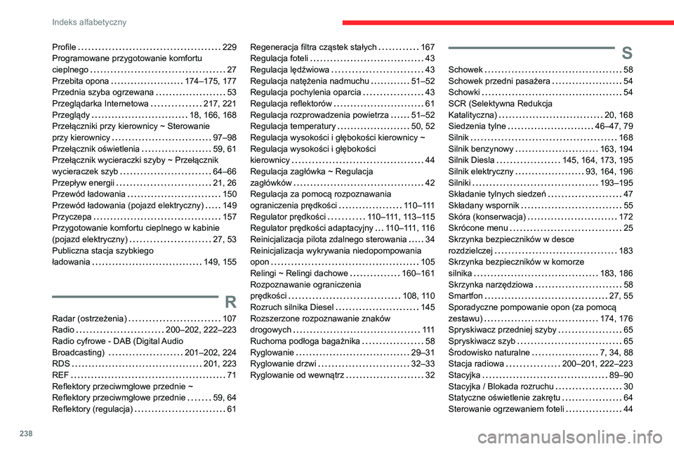 CITROEN C4 2021 Instrukcja obsługi (in Polish) 238
Indeks alfabetyczny
Profile 229
Programowane przygotowanie komfortu
cieplnego
27
Przebita opona
174–175, 177
Przednia szyba ogrzewana
53
Przeglądarka Internetowa
217, 22 CITROEN C4 2021 Instrukcja obsługi (in Polish) 238
Indeks alfabetyczny
Profile 229
Programowane przygotowanie komfortu
cieplnego
27
Przebita opona
174–175, 177
Przednia szyba ogrzewana
53
Przeglądarka Internetowa
217, 22