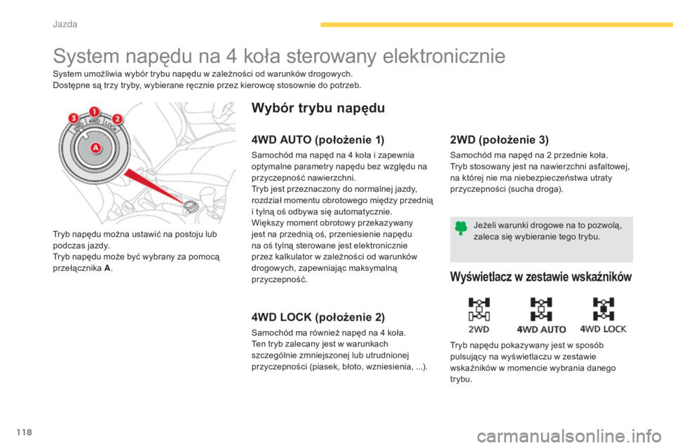 CITROEN C4 AIRCROSS 2016 Instrukcja obsługi (in Polish) 118
c4- aircross_pl_ chap04_conduite_ed01-2014
system napędu na 4 koła sterowany elektronicznie
system umożliwia wybór trybu napędu w zależności od warunków drogowych.
Dostępne są trzy try CITROEN C4 AIRCROSS 2016 Instrukcja obsługi (in Polish) 118
c4- aircross_pl_ chap04_conduite_ed01-2014
system napędu na 4 koła sterowany elektronicznie
system umożliwia wybór trybu napędu w zależności od warunków drogowych.
Dostępne są trzy try