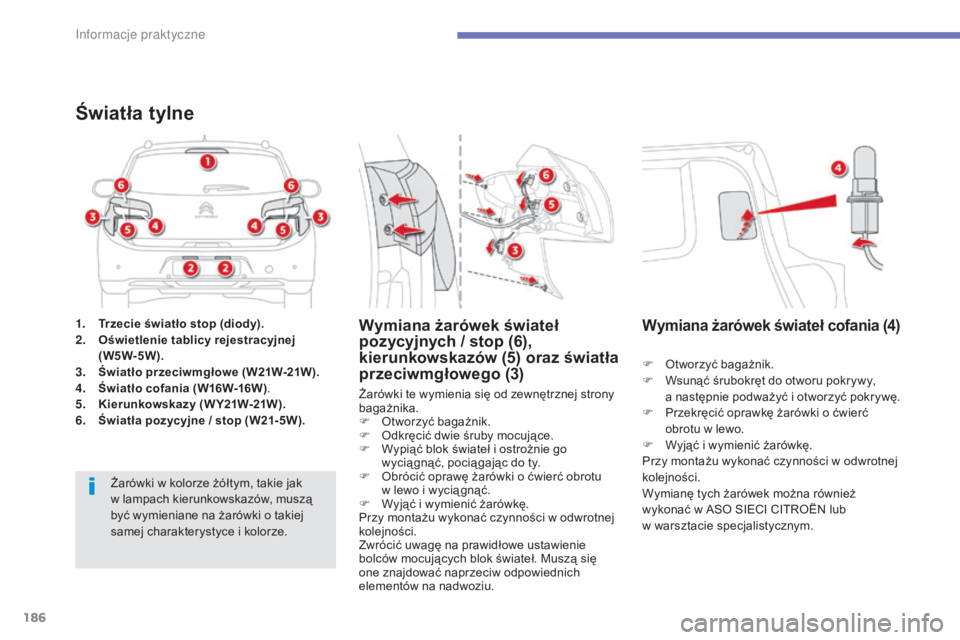 CITROEN C4 AIRCROSS 2016 Instrukcja obsługi (in Polish) 186
c4- aircross_pl_c hap07_info-pratiques_ed01-2014
1. Trzecie światło stop (diody).
2. O
świetlenie tablicy rejestracyjnej
(W5W-5W).
3.
Ś
wiatło przeciwmgłowe ( W21W-21W ).
4.
Ś
wiatł CITROEN C4 AIRCROSS 2016 Instrukcja obsługi (in Polish) 186
c4- aircross_pl_c hap07_info-pratiques_ed01-2014
1. Trzecie światło stop (diody).
2. O
świetlenie tablicy rejestracyjnej
(W5W-5W).
3.
Ś
wiatło przeciwmgłowe ( W21W-21W ).
4.
Ś
wiatł