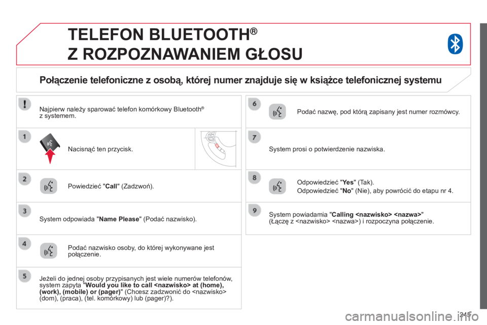 CITROEN C4 AIRCROSS 2016  Instrukcja obsługi (in Polish) 245
TELEFON BLUETOOTH®  
Z

 
ROZPOZNAWANIEM
 
GŁOSU
Powiedzieć " Call" (Zadzwoń).
s

ystem odpowiada " Name Please" (Podać nazwisko).
Połączenie telefoniczne z osobą, której 