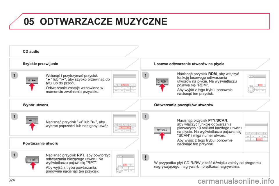 CITROEN C4 AIRCROSS 2016  Instrukcja obsługi (in Polish) 05
324
c4-aircross_pl_chap10d_Mitsu4_ed01-2014
ODTWARZACZE MUZYCZNE
Losowe odtwarzanie utworów na płycie
n
acisnąć przycisk  RDM, aby włączyć 
funkcję losowego odtwarzania 
utworów na płycie