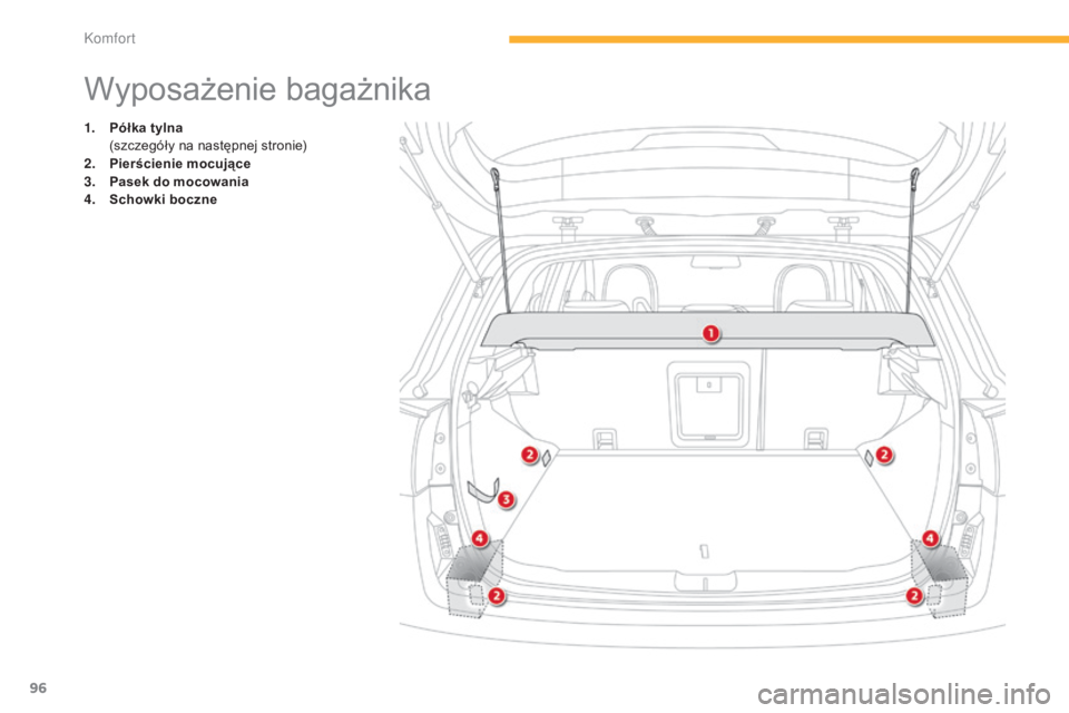 CITROEN C4 AIRCROSS 2016  Instrukcja obsługi (in Polish) 96
c4- aircross_pl_c hap03_confort_ed01-2014
Wyposażenie bagażnika
1. Półka tylna  (
szczegóły na następnej stronie)
2.
 P

ierścienie mocujące
3.
 P

asek do mocowania
4.
 S

chowki boczne 
