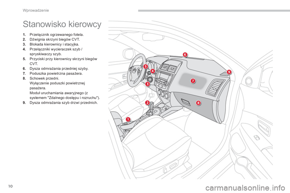 CITROEN C4 AIRCROSS 2014  Instrukcja obsługi (in Polish) 10
Wprowadzenie
  Stanowisko kierowcy 
 
 
 
 
1. 
 Przełącznik ogrzewanego fotela. 
   
2. 
 Dźwignia skrzyni biegów CVT. 
   
3. 
  Blokada kierownicy i stacyjka. 
   
4. 
 Przełączniki wycier