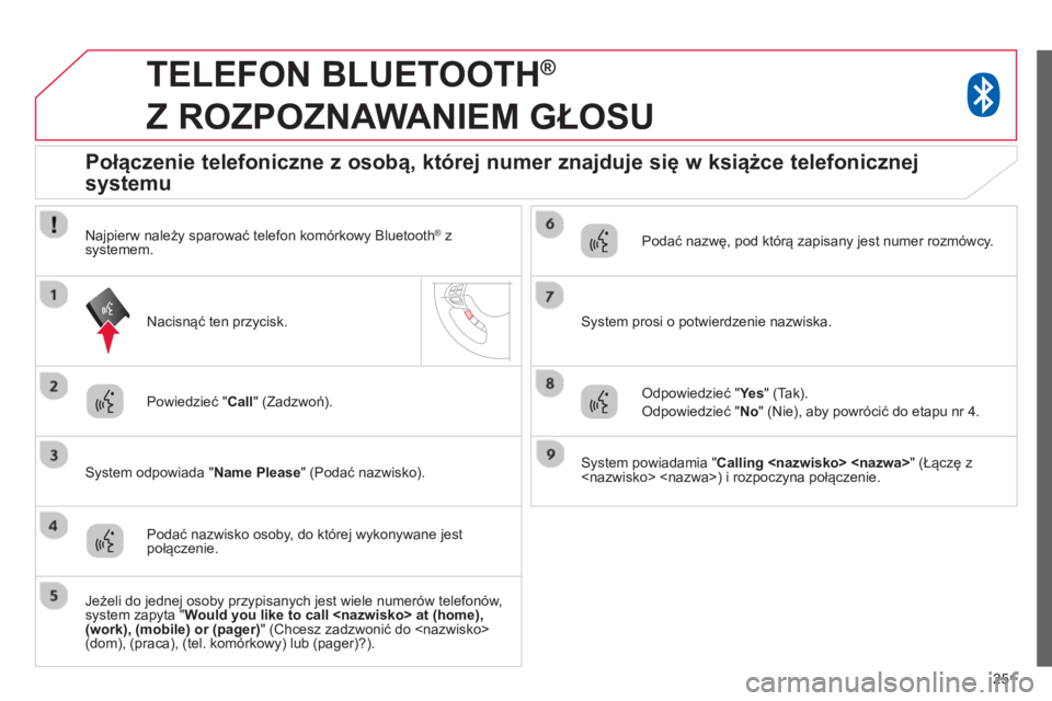 CITROEN C4 AIRCROSS 2014  Instrukcja obsługi (in Polish) 251
   
 
 
 
TELEFON BLUETOOTH ® 
 
Z ROZPOZNAWANIEM GŁOSU 
 
 
Powiedzieć " Call 
" (Zadzwoń).  
   
System odpowiada " Name Please 
" (Podać nazwisko).  
 
 
 
 
 
 
 
 
 
 
Połączenie telef