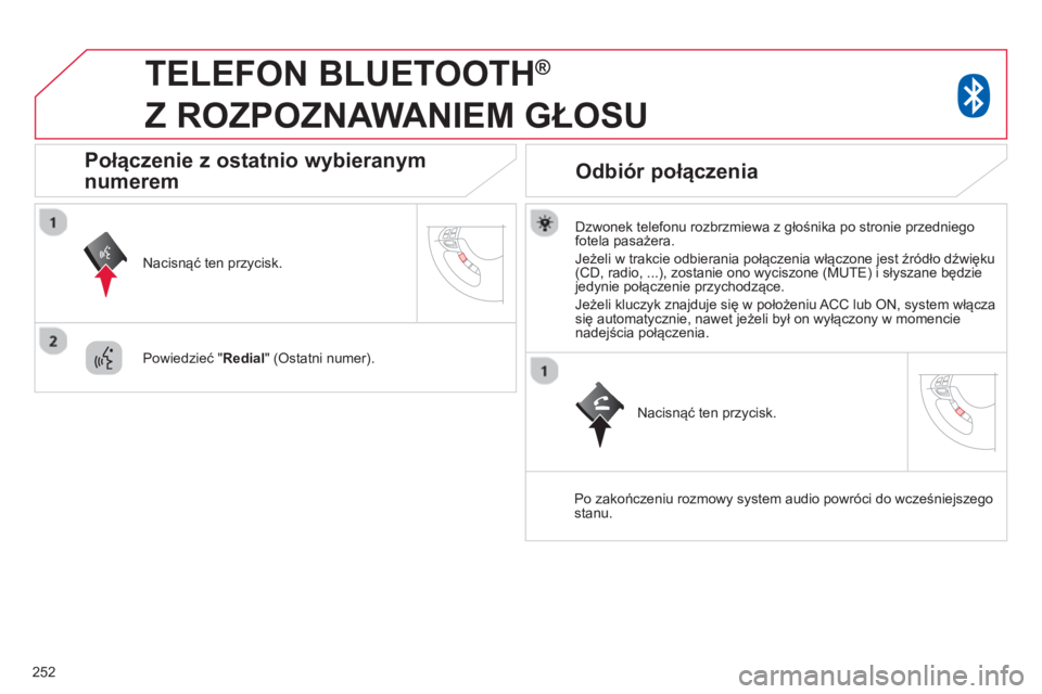 CITROEN C4 AIRCROSS 2014  Instrukcja obsługi (in Polish) 252
   
 
 
 
TELEFON BLUETOOTH ® 
 
Z ROZPOZNAWANIEM GŁOSU 
 
 
Dzwonek telefonu rozbrzmiewa z głośnika po stronie przedniego 
fotela pasażera. 
  Jeżeli w trakcie odbierania połączenia włą