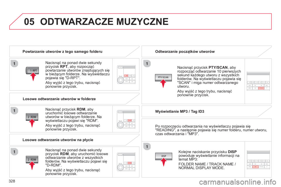 CITROEN C4 AIRCROSS 2014 Instrukcja obsługi (in Polish) 328
05 ODTWARZACZE MUZYCZNE
Powtarzanie utworów z tego samego folderu
Nacisnąć na ponad dwie sekundy
przycisk RPT
, aby rozpocząć
powtarzanie utworów znajdujących się
w bież CITROEN C4 AIRCROSS 2014 Instrukcja obsługi (in Polish) 328
05 ODTWARZACZE MUZYCZNE
Powtarzanie utworów z tego samego folderu
Nacisnąć na ponad dwie sekundy
przycisk RPT
, aby rozpocząć
powtarzanie utworów znajdujących się
w bież