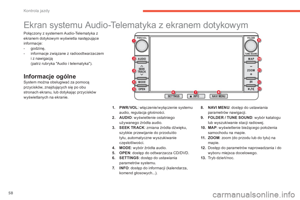 CITROEN C4 AIRCROSS 2014  Instrukcja obsługi (in Polish) 58
Kontrola jazdy
   
 
 
 
 
 
 
 
 
 
 
Ekran systemu Audio-Telematyka z ekranem dotykowym 
 
 
Informacje ogólne  
System można obsługiwać za pomocą 
przycisków, znajdujących się po obu 
st