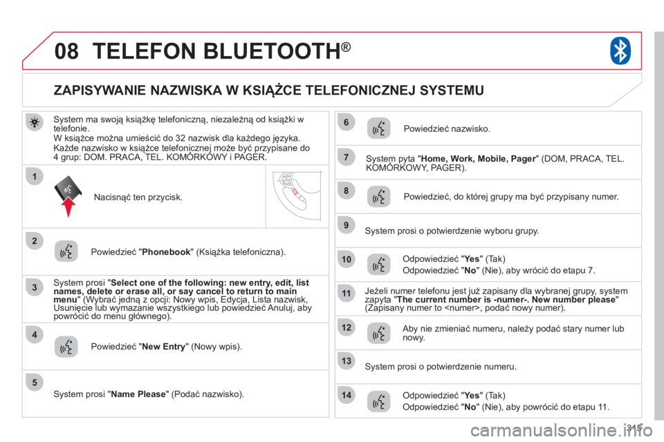 CITROEN C4 AIRCROSS 2013  Instrukcja obsługi (in Polish) 315
08
3
4
7
8
9
10
11
1
2
5
6
12
14
13
TELEFON BLUETOOTH®
System ma swoją książkę telefoniczną, niezależną od książki w
telefonie. 
W książce można umieścić do 32 nazwisk dla każdego 