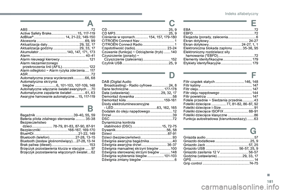 CITROEN C4 CACTUS 2019  Instrukcja obsługi (in Polish) 181
AABS .................................................................72
Active Safety Brake........................... 15, 117-11 9
AdBlue
® ................................ 14, 21-22 , 14 9 -15
