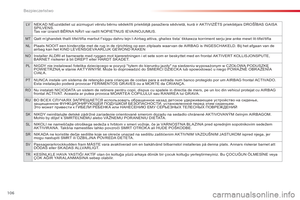 CITROEN C4 CACTUS 2016 Instrukcja obsługi (in Polish) 106
LVNEK AD NEuzstādiet uz aizmuguri vērstu bērnu sēdeklīti priekšējā pasažiera sēdvietā, kurā ir AKTIVIZĒTS priekšējais DROŠĪBAS GAISA
S P I LV E N S .
Tas var izraisīt BĒRNA NĀ CITROEN C4 CACTUS 2016 Instrukcja obsługi (in Polish) 106
LVNEK AD NEuzstādiet uz aizmuguri vērstu bērnu sēdeklīti priekšējā pasažiera sēdvietā, kurā ir AKTIVIZĒTS priekšējais DROŠĪBAS GAISA
S P I LV E N S .
Tas var izraisīt BĒRNA NĀ