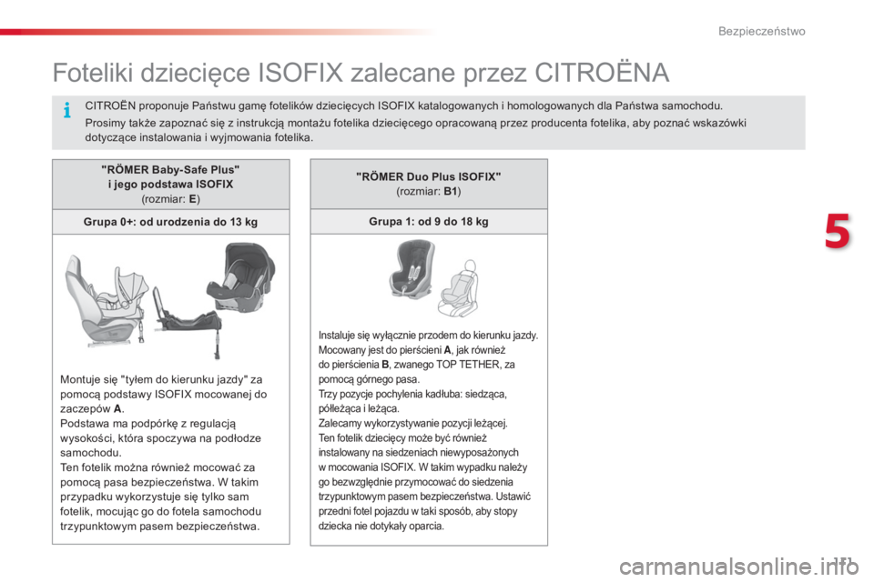 CITROEN C4 CACTUS 2016 Instrukcja obsługi (in Polish) 111
C4-cactus_pl_Chap05_securite_ed01-2015
Foteliki dziecięce ISOFIX zalecane przez CITROËNA
"RÖMER Baby- Safe Plus" i jego podstawa ISOFIX (rozmiar: E)
Grupa 0+: od urodzenia do 13 kg
M CITROEN C4 CACTUS 2016 Instrukcja obsługi (in Polish) 111
C4-cactus_pl_Chap05_securite_ed01-2015
Foteliki dziecięce ISOFIX zalecane przez CITROËNA
"RÖMER Baby- Safe Plus" i jego podstawa ISOFIX (rozmiar: E)
Grupa 0+: od urodzenia do 13 kg
M