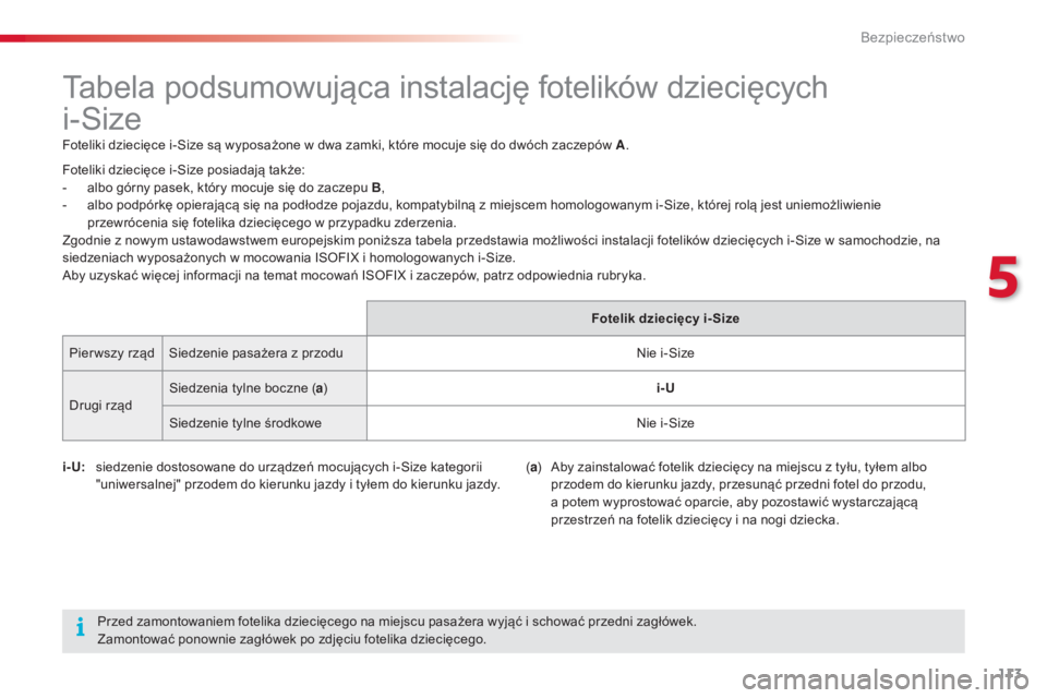 CITROEN C4 CACTUS 2016 Instrukcja obsługi (in Polish) 113
C4-cactus_pl_Chap05_securite_ed01-2015
Tabela podsumowująca instalację fotelików dziecięcych
i-Size
Foteliki dziecięce i-Size są wyposażone w dwa zamki, które mocuje się do dwóch zacze CITROEN C4 CACTUS 2016 Instrukcja obsługi (in Polish) 113
C4-cactus_pl_Chap05_securite_ed01-2015
Tabela podsumowująca instalację fotelików dziecięcych
i-Size
Foteliki dziecięce i-Size są wyposażone w dwa zamki, które mocuje się do dwóch zacze
