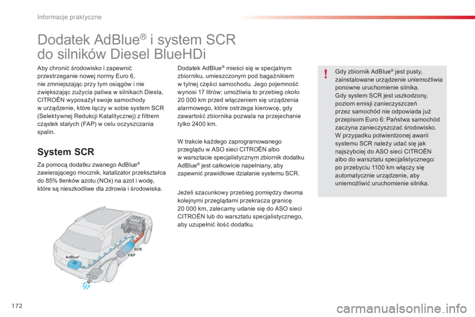 CITROEN C4 CACTUS 2016 Instrukcja obsługi (in Polish) 172
C4-cactus_pl_Chap07_info-pratiques_ed01-2015
Dodatek AdBlue® i system SCR
do silników Diesel BlueHDi
Aby chronić środowisko i zapewnić
przestrzeganie nowej normy Euro 6,
nie zmniejszając p CITROEN C4 CACTUS 2016 Instrukcja obsługi (in Polish) 172
C4-cactus_pl_Chap07_info-pratiques_ed01-2015
Dodatek AdBlue® i system SCR
do silników Diesel BlueHDi
Aby chronić środowisko i zapewnić
przestrzeganie nowej normy Euro 6,
nie zmniejszając p