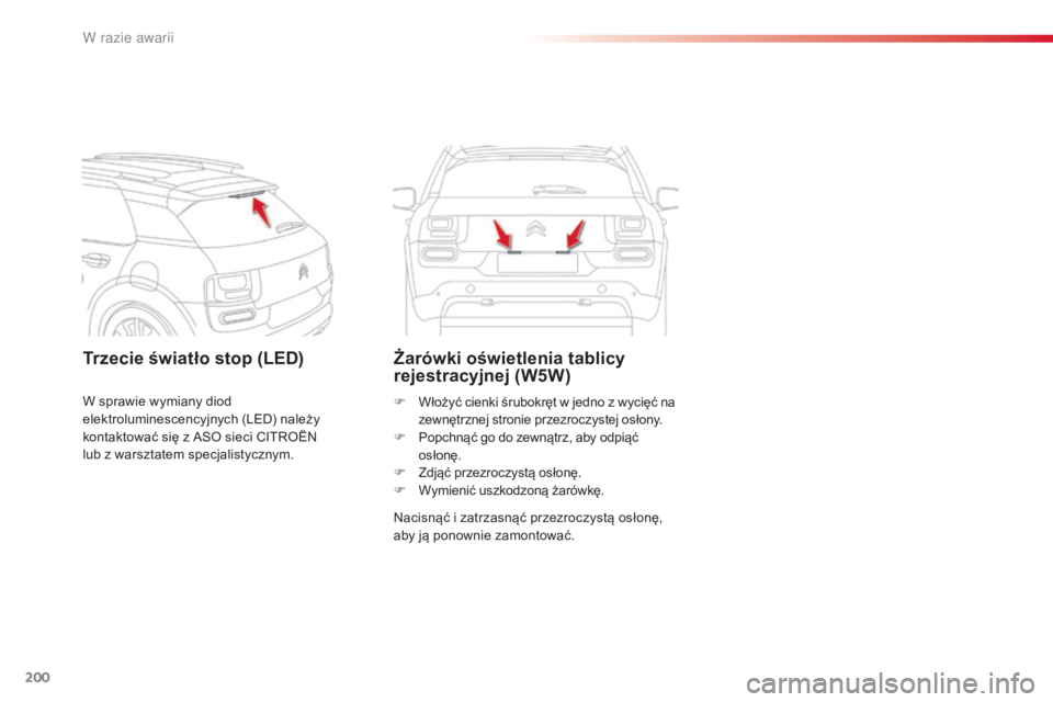CITROEN C4 CACTUS 2016  Instrukcja obsługi (in Polish) 200
C4-cactus_pl_Chap08_En-cas-de-panne_ed01-2015
Trzecie światło stop (LED)Żarówki oświetlenia tablicy 
rejestracyjnej (W5W)
Nacisnąć i zatrzasnąć przezroczystą osłonę, 
aby ją ponownie 