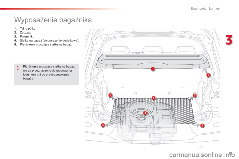 CITROEN C4 CACTUS 2016  Instrukcja obsługi (in Polish) 75
C4-cactus_pl_Chap03_Ergonomie-et-confort_ed01-2015
Wyposażenie bagażnika
1. Tylna półka
2. Zaczep.
3.
 P

ojemnik.
4.
 S

iatka na bagaż (wyposażenie dodatkowe).
5.
 P

ierścienie mocujące 