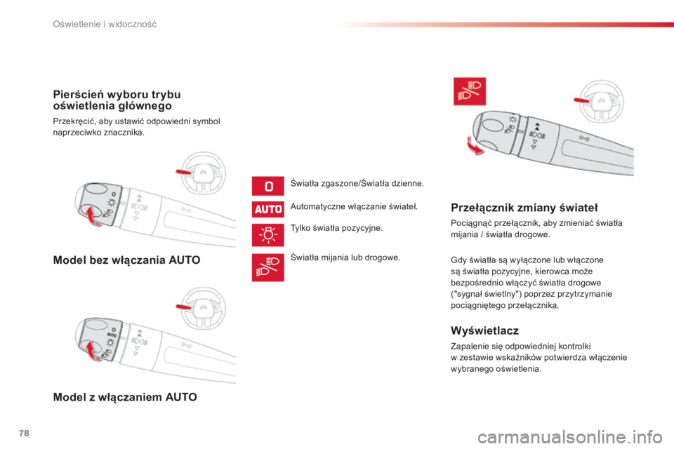 CITROEN C4 CACTUS 2016  Instrukcja obsługi (in Polish) 78
C4-cactus_pl_Chap04_Eclairage-et-visibilite_ed01-2015
Model bez włączania AUTO
Model z włączaniem AUTO Pierścień wyboru trybu 
oświetlenia głównego
Przekręcić, aby ustawić odpowiedni sy
