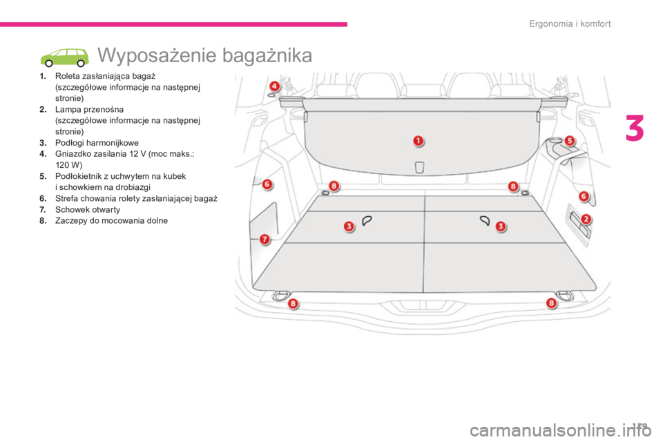 CITROEN C4 SPACETOURER 2018  Instrukcja obsługi (in Polish) 119
C4-Picasso-II_pl_Chap03_ergonomie-confort_ed02-2016
Wyposażenie bagażnika
1. Roleta zasłaniająca bagaż (szczegółowe informacje na następnej 
stronie)
2.
 L

ampa przenośna
 (

szczegóło