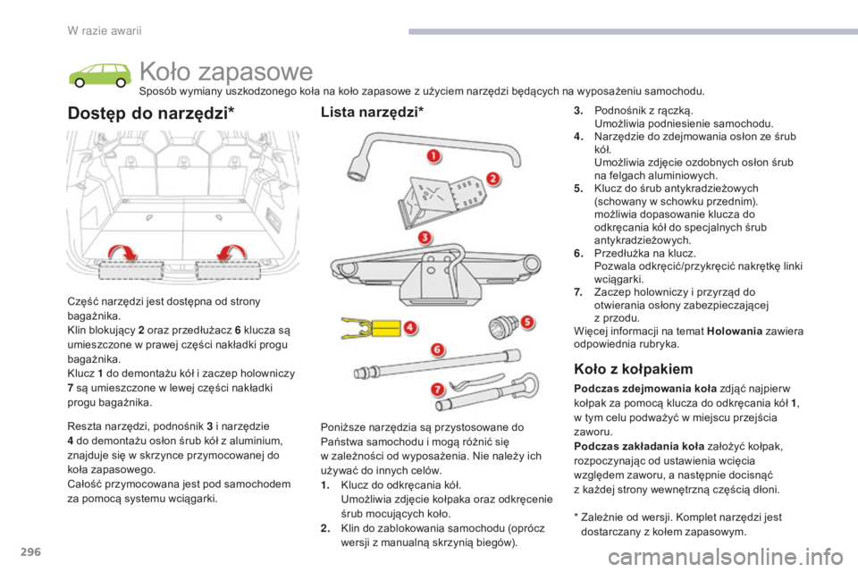 CITROEN C4 SPACETOURER 2018  Instrukcja obsługi (in Polish) 296
C4-Picasso-II_pl_Chap08_en-cas-panne_ed02-2016
Koło zapasoweSposób wymiany uszkodzonego koła na koło zapasowe z użyciem narzędzi będących na wyposażeniu samochodu.
Część narzędzi jest