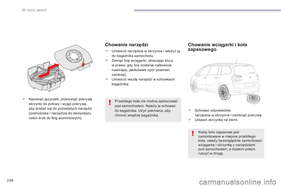 CITROEN C4 SPACETOURER 2018  Instrukcja obsługi (in Polish) 298
C4-Picasso-II_pl_Chap08_en-cas-panne_ed02-2016
Przebitego koła nie można zamocować 
pod samochodem. Należy je schować 
do bagażnika. Użyć pokrowca, aby 
chronić wnętrze bagażnika.
F
 N
