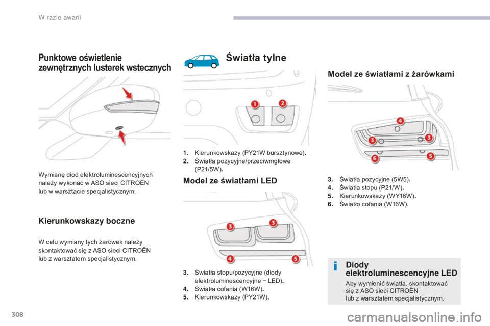 CITROEN C4 SPACETOURER 2018  Instrukcja obsługi (in Polish) 308
C4-Picasso-II_pl_Chap08_en-cas-panne_ed02-2016
Wymianę diod elektroluminescencyjnych 
należy wykonać  w   ASO sieci CITROËN  
lub
  w   warsztacie specjalistycznym.
Punktowe oświetlenie 
zewn