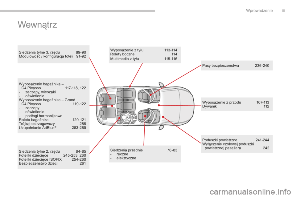 CITROEN C4 SPACETOURER 2018  Instrukcja obsługi (in Polish) 5
C4-Picasso-II_pl_Chap00b_vue-ensemble_ed02-2016
Wewnątrz
Siedzenia tylne 3. rzędu 89 -90
Modulowość / konfiguracja foteli  9 1-92
Siedzenia przednie
 7

6-83
-
 
r
 ęczne
-
 
e
 lektryczne
Wypo
