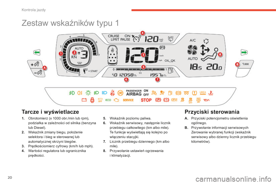 CITROEN C4 SPACETOURER 2015  Instrukcja obsługi (in Polish) 20
c4-Picasso-II_pl_chap01_controle-de-marche_ed01-2014
Zestaw wskaźników typu 1
1. obrotomierz (x 1000  obr./min lub rpm), 
podziałka w zależności od silnika (benzyna 
lub Diesel).
2.
 W

skaźn