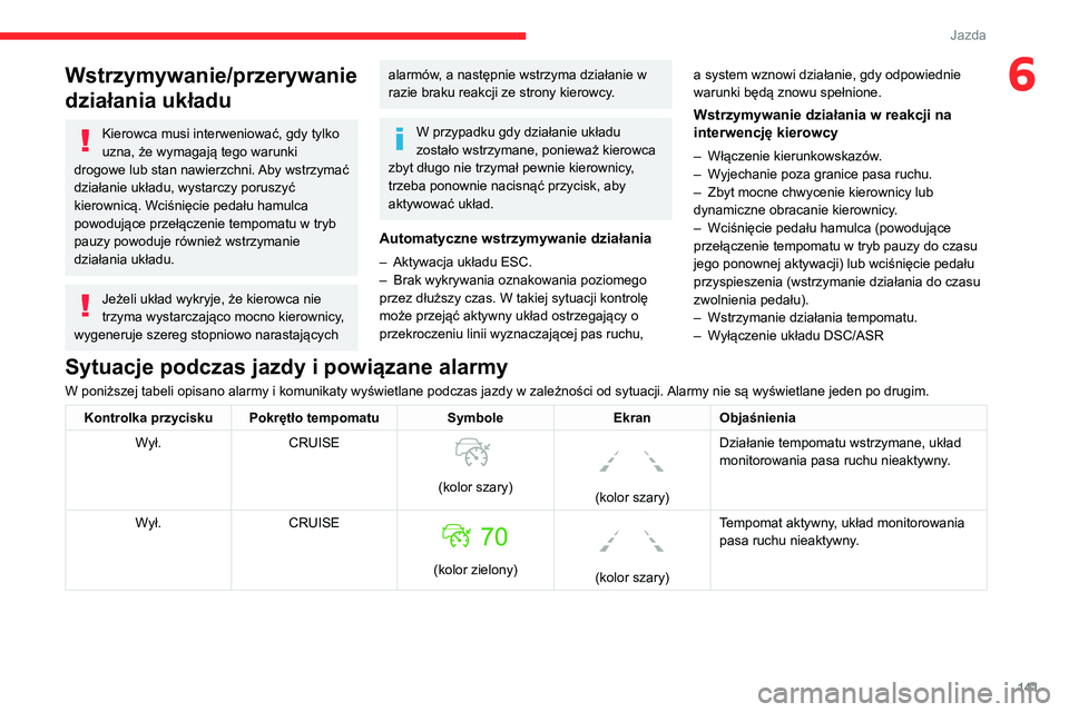 CITROEN C5 AIRCROSS 2022 Instrukcja obsługi (in Polish) 141
Jazda
6Wstrzymywanie/przerywanie
działania układu
Kierowca musi interweniować, gdy tylko
uzna, że wymagają tego warunki
drogowe lub stan nawierzchni. Aby wstrzymać
działanie układu, wy CITROEN C5 AIRCROSS 2022 Instrukcja obsługi (in Polish) 141
Jazda
6Wstrzymywanie/przerywanie
działania układu
Kierowca musi interweniować, gdy tylko
uzna, że wymagają tego warunki
drogowe lub stan nawierzchni. Aby wstrzymać
działanie układu, wy
