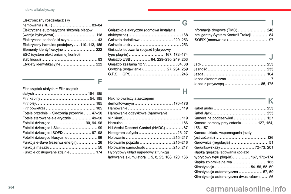 CITROEN C5 AIRCROSS 2022 Instrukcja obsługi (in Polish) 264
Indeks alfabetyczny
Elektroniczny rozdzielacz siły
hamowania (REF)
83–84
Elektryczna automatyczna skrzynia biegów
(wersja hybrydowa)
118
Elektryczne podnośniki szyb
43
Elekt CITROEN C5 AIRCROSS 2022 Instrukcja obsługi (in Polish) 264
Indeks alfabetyczny
Elektroniczny rozdzielacz siły
hamowania (REF)
83–84
Elektryczna automatyczna skrzynia biegów
(wersja hybrydowa)
118
Elektryczne podnośniki szyb
43
Elekt