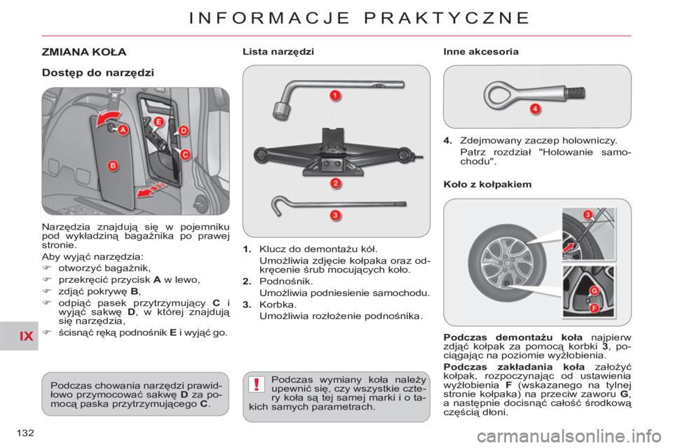 CITROEN C-CROSSER 2012  Instrukcja obsługi (in Polish) IX
!
INFORMACJE PRAKTYCZNE
132
   
 
 
 
 
 
 
 
 
 
 
 
 
 
 
 
ZMIANA KOŁA 
 
 
1. 
   Klucz do demontażu kół.  
 Umożliwia zdjęcie kołpaka oraz od-
kręcenie śrub mocujących koło. 
   
2.
