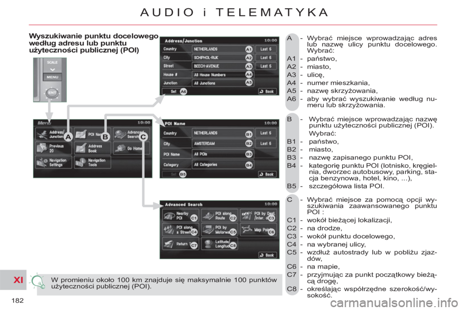 CITROEN C-CROSSER 2012  Instrukcja obsługi (in Polish) XI
182
AUDIO i TELEMATYKA
  B -  Wybrać miejsce wprowadzając nazwę 
punktu użyteczności publicznej (POI).  
  Wybrać: 
  B1 -  państwo, 
  B2 -  miasto, 
  B3 -  nazwę zapisanego punktu POI, 
