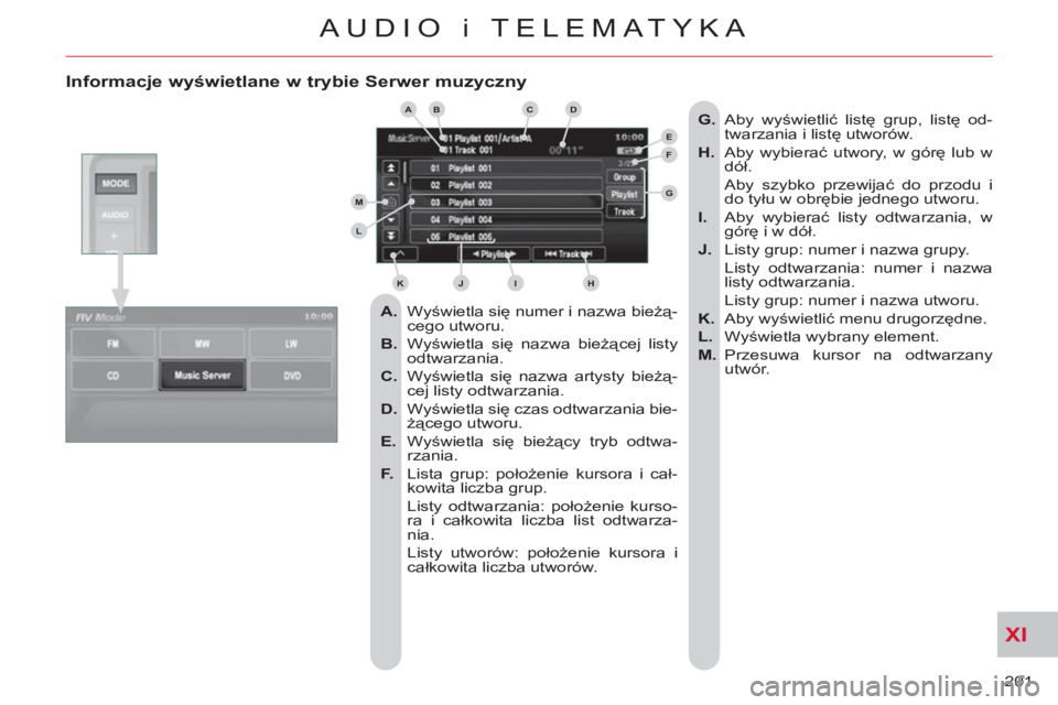 CITROEN C-CROSSER 2012  Instrukcja obsługi (in Polish) XI
201 
AUDIO i TELEMATYKA
   
Informacje wyświetlane w trybie Serwer muzyczny 
 
 
 
A. 
 Wyświetla się numer i nazwa bieżą-
cego utworu. 
   
B. 
 Wyświetla się nazwa bieżącej listy 
odtwar