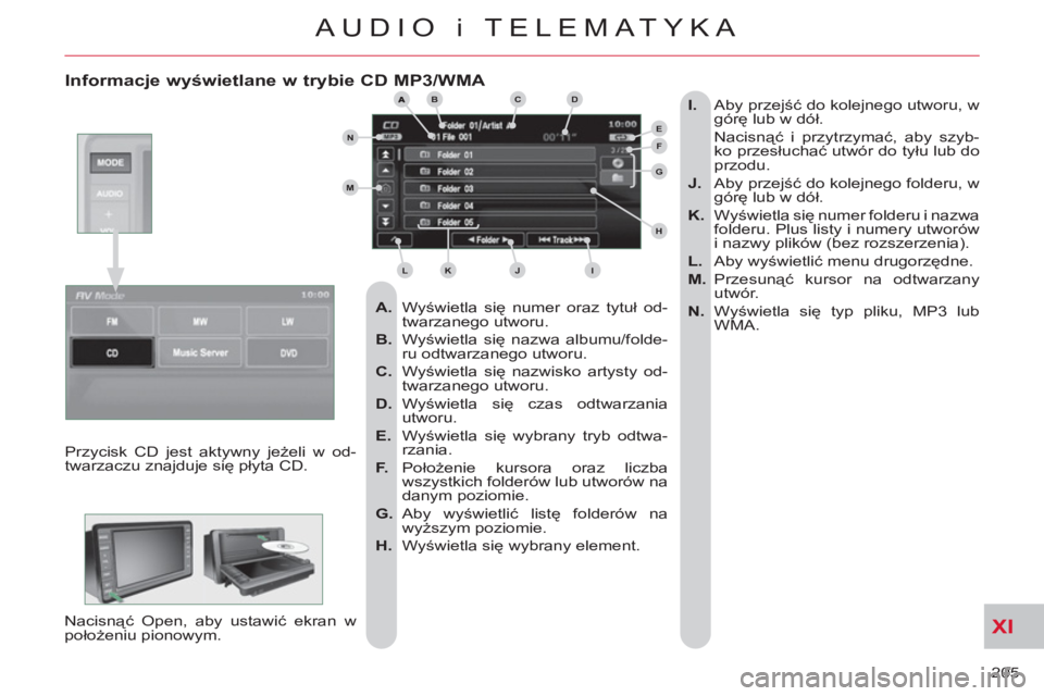 CITROEN C-CROSSER 2012  Instrukcja obsługi (in Polish) XI
205 
AUDIO i TELEMATYKA
   
Informacje wyświetlane w trybie CD MP3/WMA 
 
 
 
A. 
 Wyświetla się numer oraz tytuł od-
twarzanego utworu. 
   
B. 
 Wyświetla się nazwa albumu/folde-
ru odtwarz