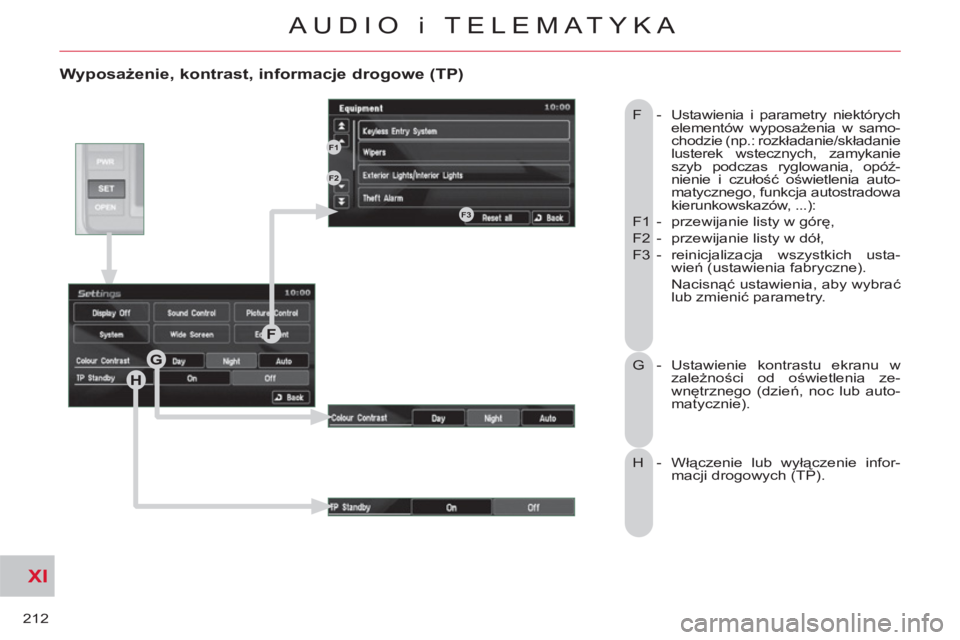 CITROEN C-CROSSER 2012  Instrukcja obsługi (in Polish) XI
212
AUDIO i TELEMATYKA
   
Wyposażenie, kontrast, informacje drogowe (TP) 
 
F -  Ustawienia i parametry niektórych 
elementów wyposażenia w samo-
chodzie (np.: rozkładanie/składanie 
lustere