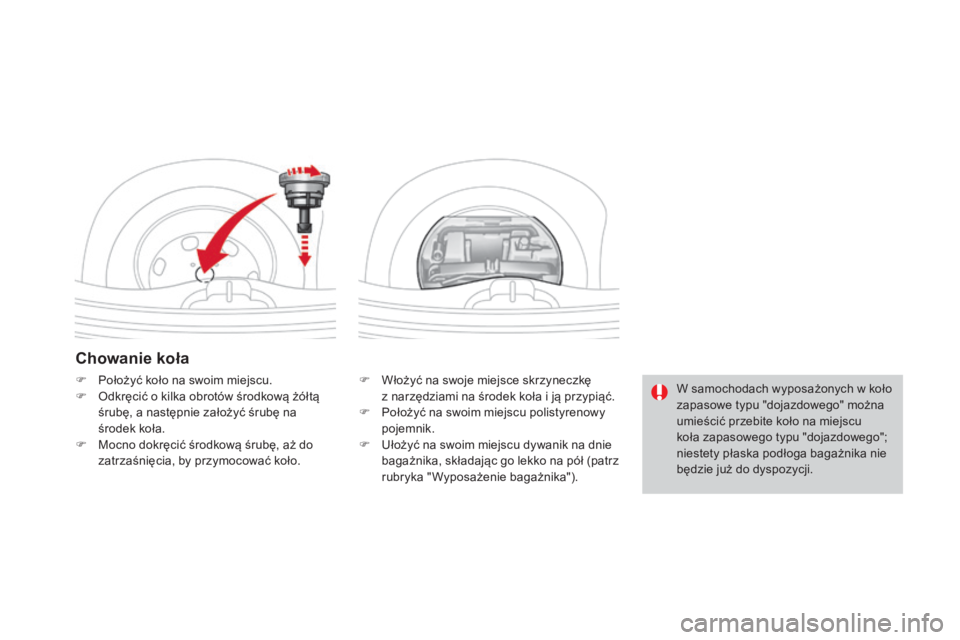CITROEN DS3 2017  Instrukcja obsługi (in Polish) DS3_pl_Chap08_info-pratiques_ed02-2015
Chowanie koła
F Włożyć na swoje miejsce skrzyneczkę  
z narzędziami na środek koła i ją przypiąć.
F
 Po

łożyć na swoim miejscu polistyrenowy 
poje