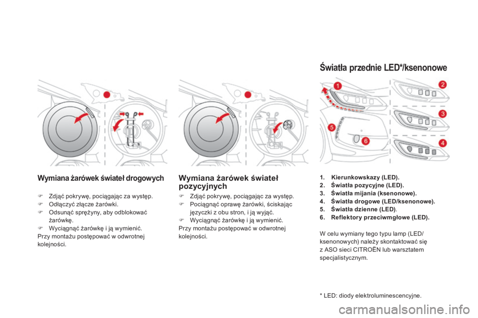 CITROEN DS3 2017  Instrukcja obsługi (in Polish) DS3_pl_Chap08_info-pratiques_ed02-2015
Wymiana żarówek świateł drogowychWymiana żarówek świateł 
pozycyjnych
F Zdjąć pokrywę, pociągając za występ.
F Od łączyć złącze żarówki.
F
 
