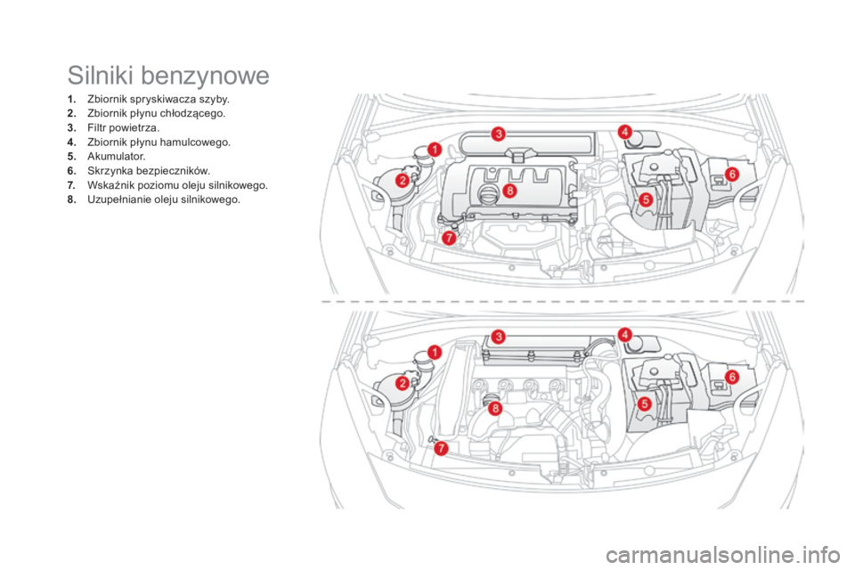 CITROEN DS3 2017  Instrukcja obsługi (in Polish) DS3_pl_Chap09_verifications_ed02-2015
Silniki benzynowe
1. Zbiornik spryskiwacza szyby.
2. Zb iornik płynu chłodzącego.
3.
 Fi

ltr powietrza.
4.
 Zb

iornik płynu hamulcowego.
5.
 Aku

mulator.
6