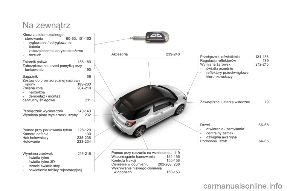 CITROEN DS3 2017  Instrukcja obsługi (in Polish) DS3_pl_Chap12_index-recherche_ed02-2015
Na zewnątrz
Klucz z pilotem zdalnego sterowania  60 - 63, 101-103
-
 ry

glowanie / odryglowanie
-
 bat

eria
-
 za

bezpieczenie antykradzieżowe
-
 ro

zruch