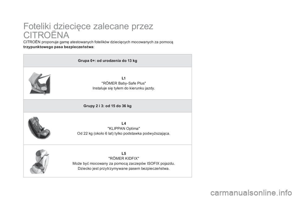 CITROEN DS3 2016  Instrukcja obsługi (in Polish) DS3_pl_Chap07_securite-enfants_ed01-2015
Foteliki dziecięce zalecane przez 
CITROËNA
CITROËN proponuje gamę atestowanych fotelików dziecięcych mocowanych za pomocą 
trzypunktowego pasa bezpiecz
