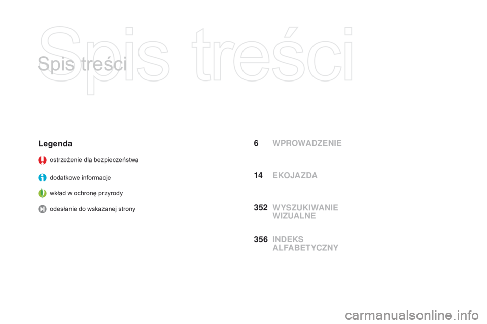 CITROEN DS3 2016  Instrukcja obsługi (in Polish) DS3_pl_Chap00a_sommaire_ed01-2015
Spis treści
WPROWADZENIE
Legenda
ostrzeżenie dla bezpieczeństwa
dodatkowe informacje
wkład w ochronę przyrody
odesłanie do wskazanej strony
WYSZUKIWANIE 
WIZUAL