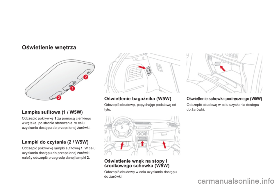 CITROEN DS3 2014  Instrukcja obsługi (in Polish) Oświetlenie wnętrza
Lampka sufitowa (1 / W5W) 
 
Odczepić pokrywkę 1 
za pomocą cienkiego 
wkrętaka, po stronie sterowania, w celu 
uzyskania dostępu do przepalonej żarówki.  
 
Lampki do czy