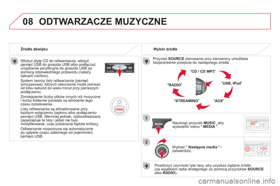 CITROEN DS3 2014  Instrukcja obsługi (in Polish) 08ODTWARZACZE MUZYCZNE 
   
Włoży�ü płytę CD do odtwarzacza, włoży�ü pamięć USB do gniazda USB albo podłączyć 
urządzenie peryferyjne do gniazda USB za pomocą odpowiedniego przewodu (na